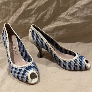 Salvatore Ferragamo Peek A Boo Toe White Leather with Braided Shades of Blue